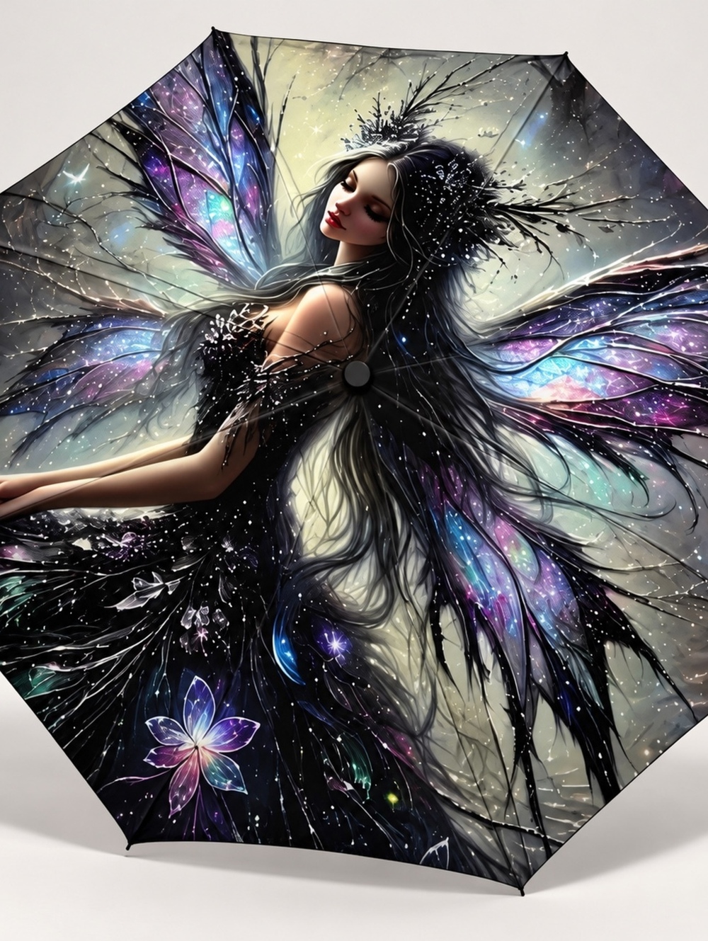 Fantasy Fairy Art Compact Umbrella with Black Interior